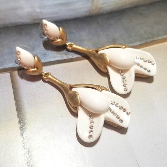 NEW Oscar De La Renta Crystal Flower Drop Earrings 3" LONG - Picture 3 of 7